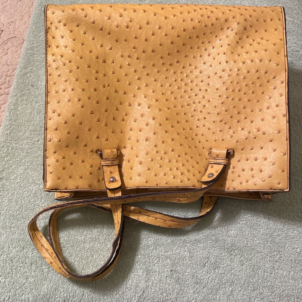 Merona Genuine Ostrich Leather Tote Bag Yellow Mustard Shoulder Bag - Picture 5 of 16